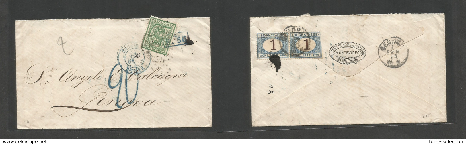 URUGUAY. 1875 (Aug) Montevideo - Italy, Genova. Fkd Env 10c Perf Green, Tied Cds + Blue Exchange Pmk F50 Taxed Arrival ( - Uruguay