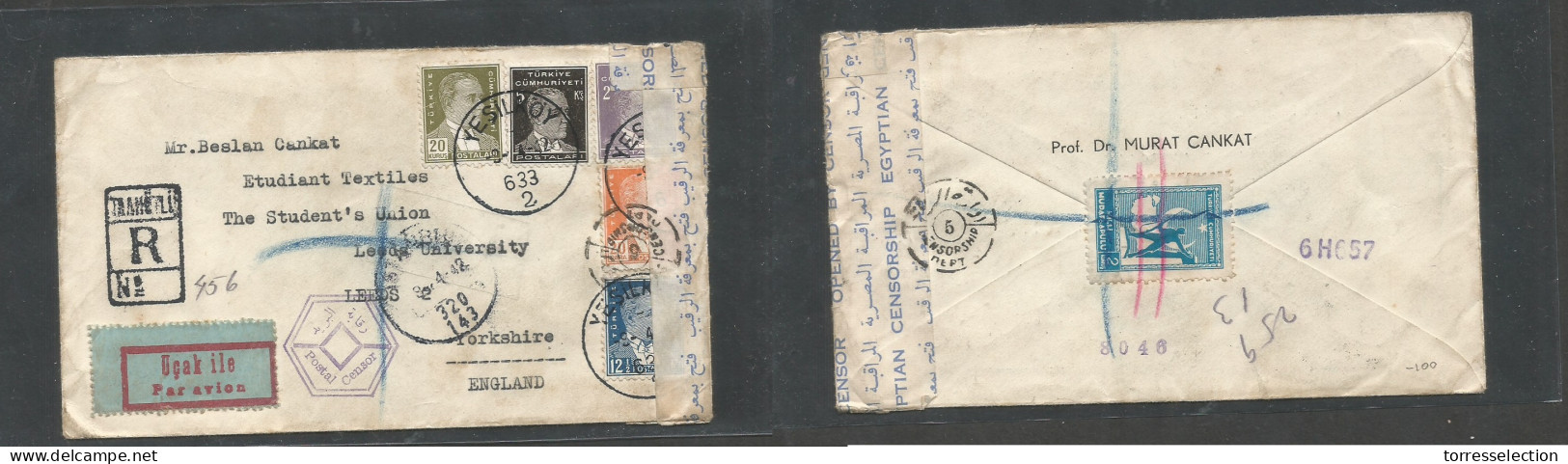 TURKEY. 1942 (9 April) Yesilkoy - England, Leeds, Yorkshire. Air WWII Censored Multifkd Envelope Via Middle East - Egypt - Andere & Zonder Classificatie