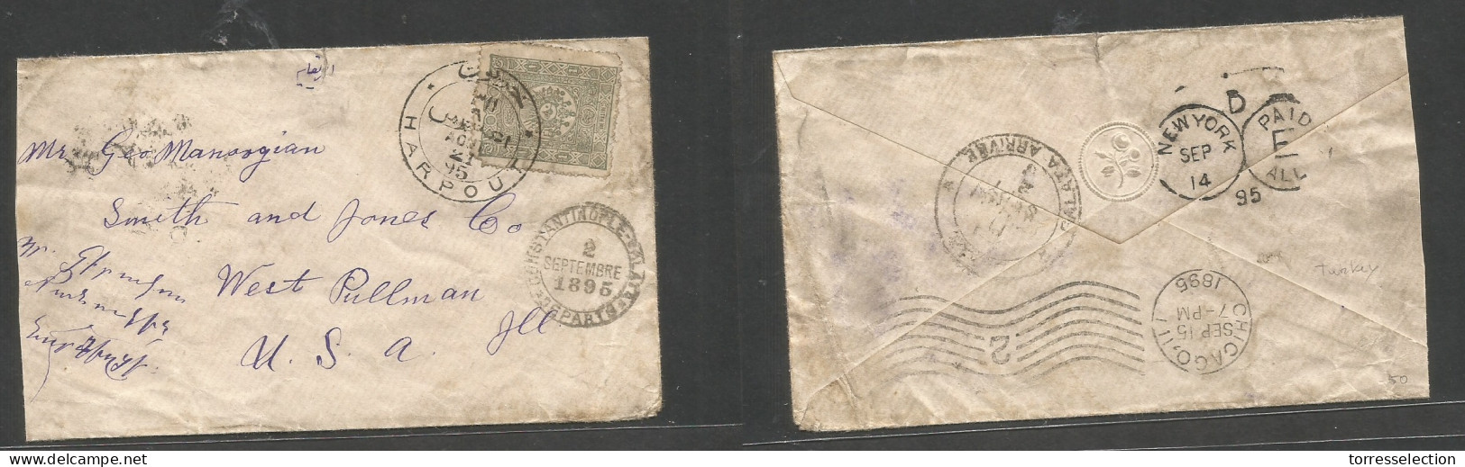 TURKEY. 1895 (21 Aug) Harpout - USA, West Pullman, Ill (Sept 15) 1pi Green Fkd Env, Bilingual Depart Cachet Via Constant - Otros & Sin Clasificación