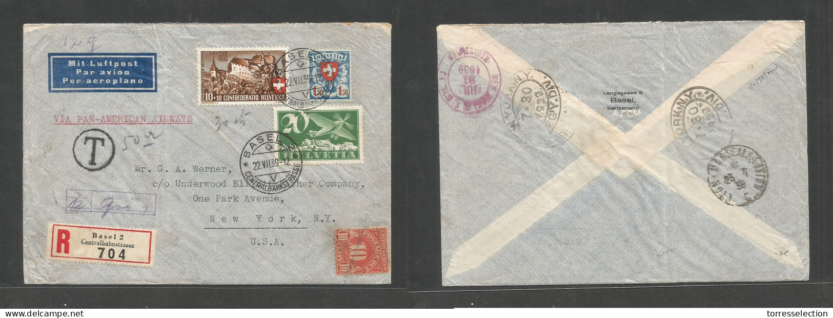 Switzerland - XX. 1939 (22 July) Basel - USA, NYC (30-31 July) Registered Air Multifkd Env, Aux Pmks + Air + Label US P. - Autres & Non Classés
