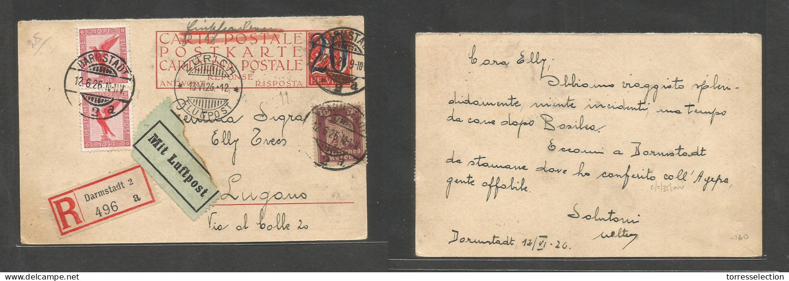 Switzerland - Stationery. 1926 (12 June) Reply Half Stat Card Proper Usage. Germany, Darmstadt - Lugano. Via Zurich (13  - Autres & Non Classés