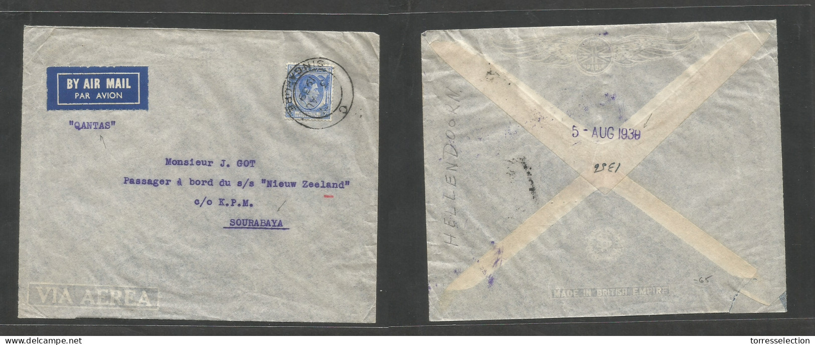 STRAITS SETTLEMENTS SINGAPORE. 1939 (3 Aug) Sing - Dutch Indies, Sourabaya (5 Aug) Single 12c Blue Fkd Airmail Envelope, - Singapour (1959-...)