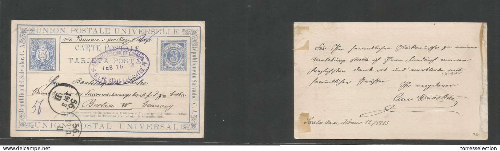 SALVADOR, EL. 1885 (12 Febr) Santa Ana - Germany, Berlin (19 March) Via Puerto De La Libertad. 3c Blue Early Stat Card,  - El Salvador