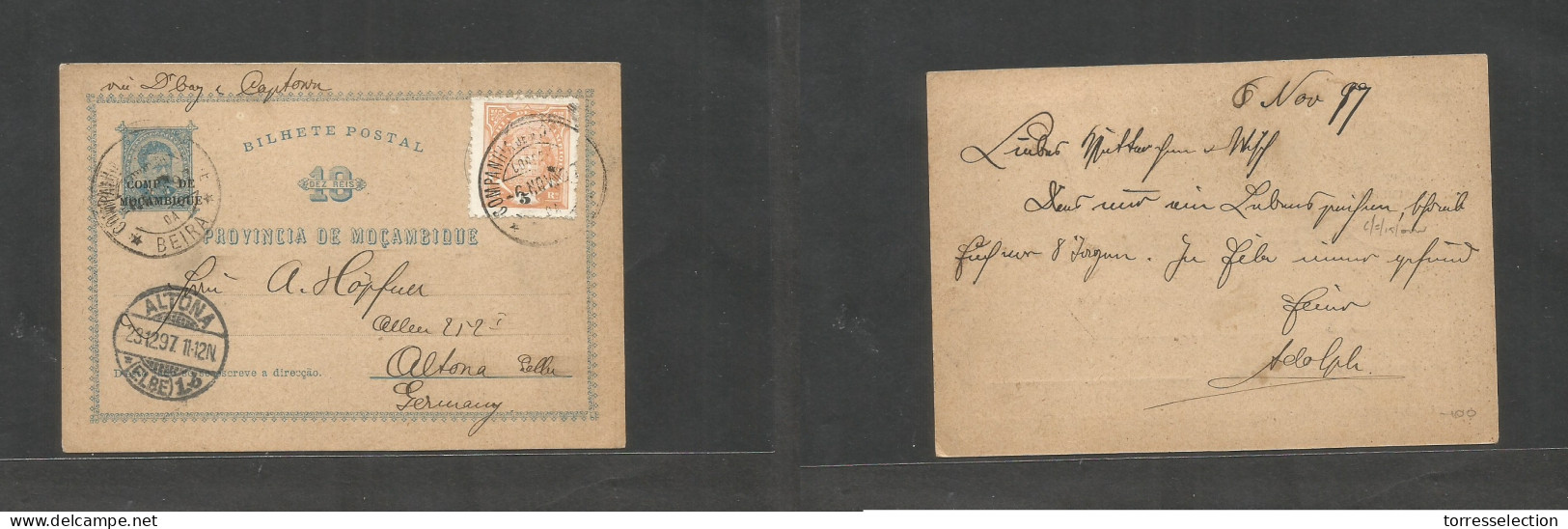 PORTUGAL-MOZAMBIQUE COMPANY. 1897 (6 Nov) Beira - Germany, Altona (23 Dec) Overprinted 10rs Blue Early Stat Card + 5 Rs  - Autres & Non Classés