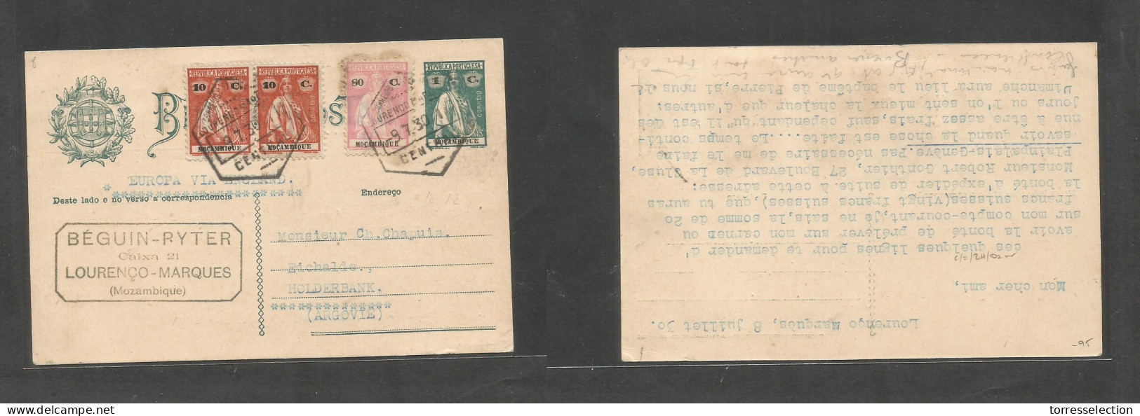 PORTUGAL-MOZAMBIQUE. 1930 (9 July) L. Marques - Argove, Aargau, Switzerland, 1c Green Ceres Stat Card + 3 Adtls, Tied He - Autres & Non Classés