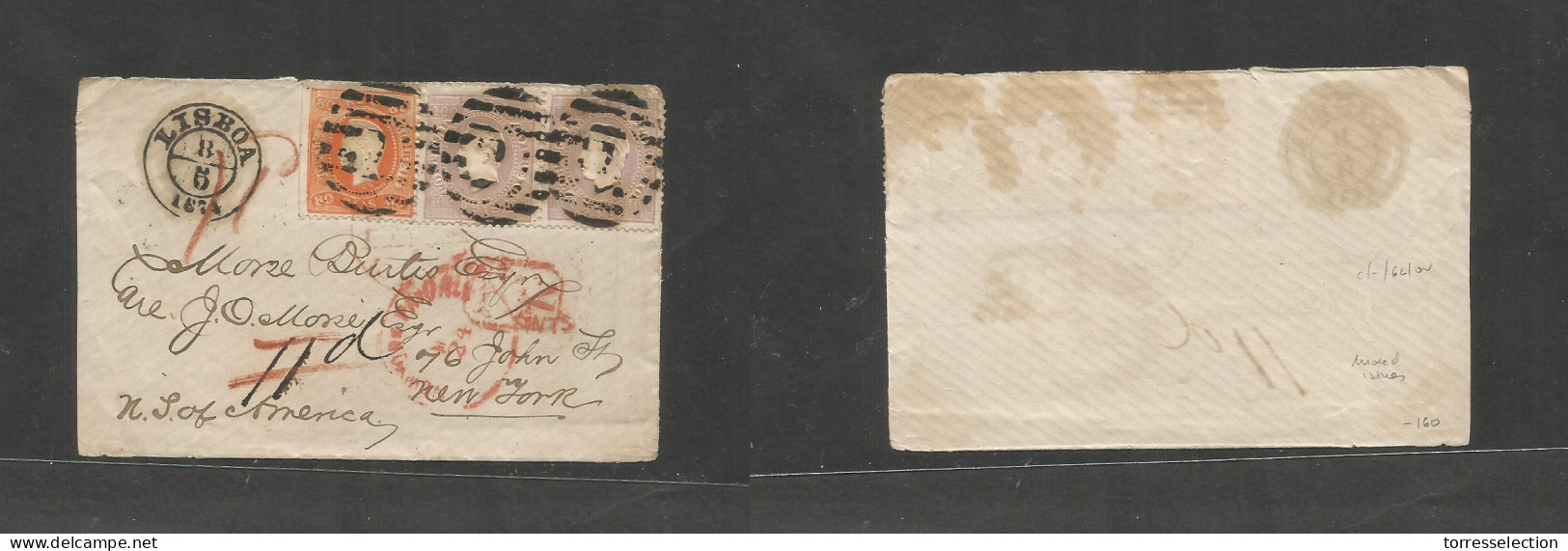 PORTUGAL. 1874 (8 May) Lisboa - USA, NYC (24 May) Multifkd Envelope Front Bearing 80rs Orange + 100rs Lilac Horiz Pair,  - Autres & Non Classés