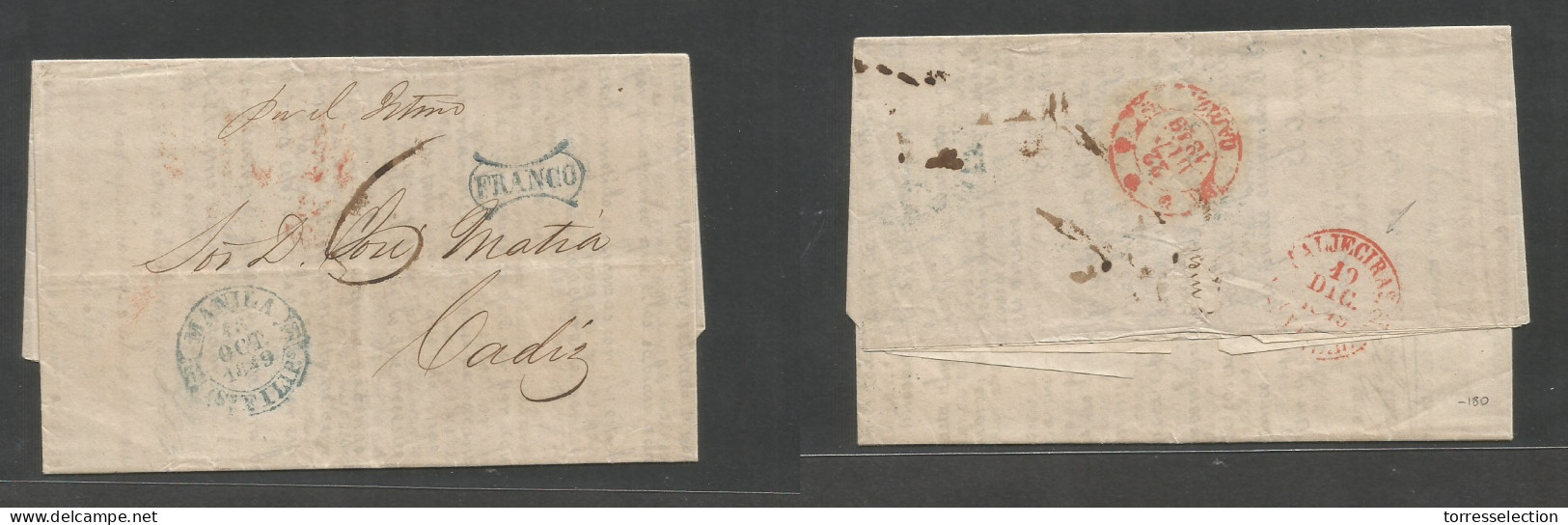 PHILIPPINES. 1849 (15 Oct) Manila - Cadiz, Peninsula (12 Dec) Carta Completa Con Texto Via Istmo, Suez Con Fechador Baez - Philippines