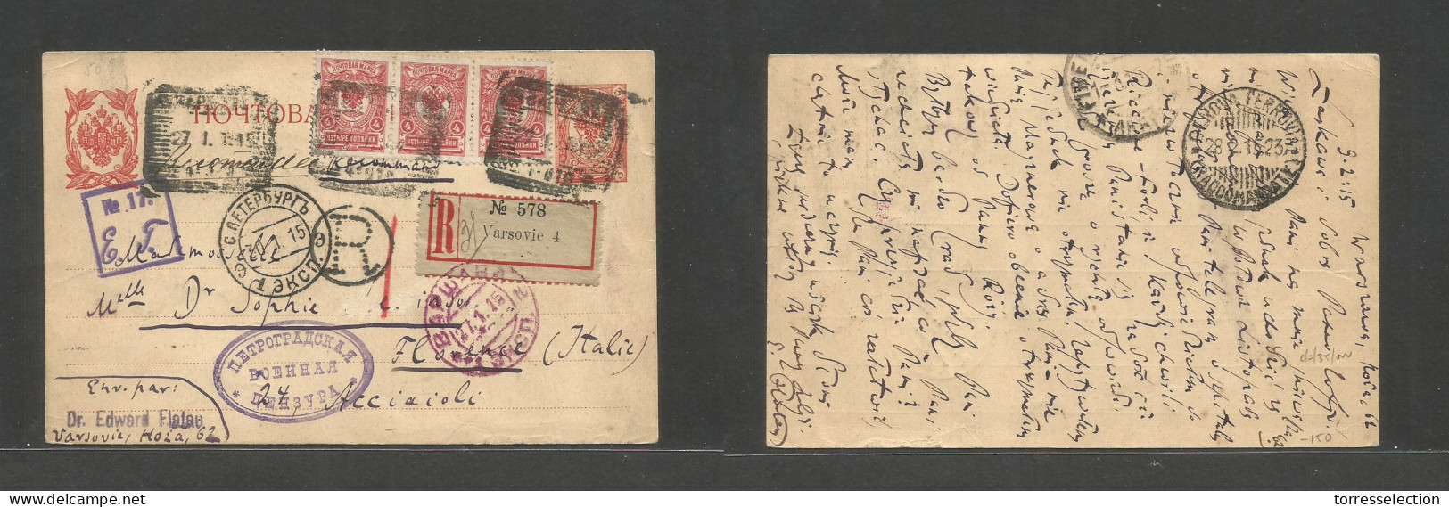 POLAND. 1915 (27 Jan, Gregorian) Russia Postal Admin. Warsaw - Italy, Florence (28 Febr) Registered 3 Kop Red Stat Card  - Autres & Non Classés