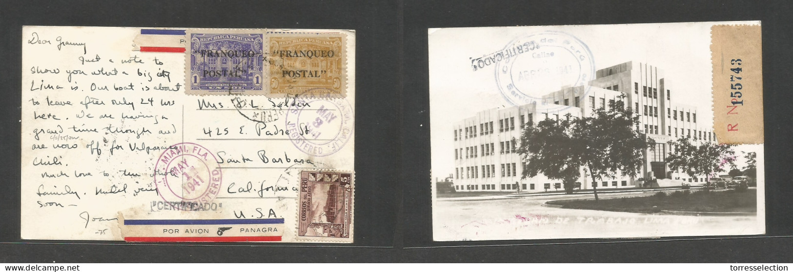 PERU. 1941 (April) Callao - USA, CA, Santa Barbara (3 May) Registered Air Multifkd Ppc Ovptd Issue R-cachet. Transited V - Pérou