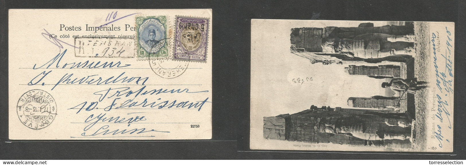 PERSIA. 1915 (Dec 16) Teheran - Switzerland, Geneva (17 Jan 16) Ovptd Issue. Registered Multifkd Ppc, Tied Cds + R-cache - Iran