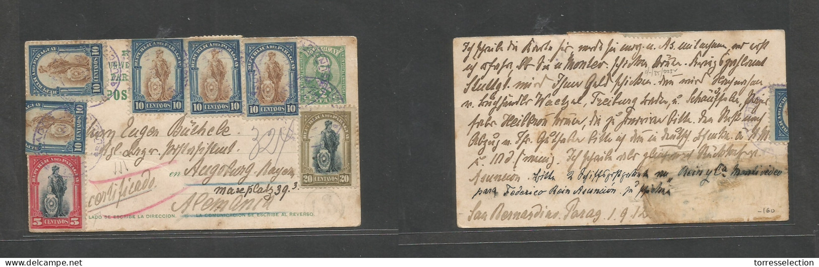 PARAGUAY. 1912 (1 Sept) San Bernardino - Germany, Augsburg, Bayern. Registered Multifkd 2c Green Stationary Card + 7 Adt - Paraguay