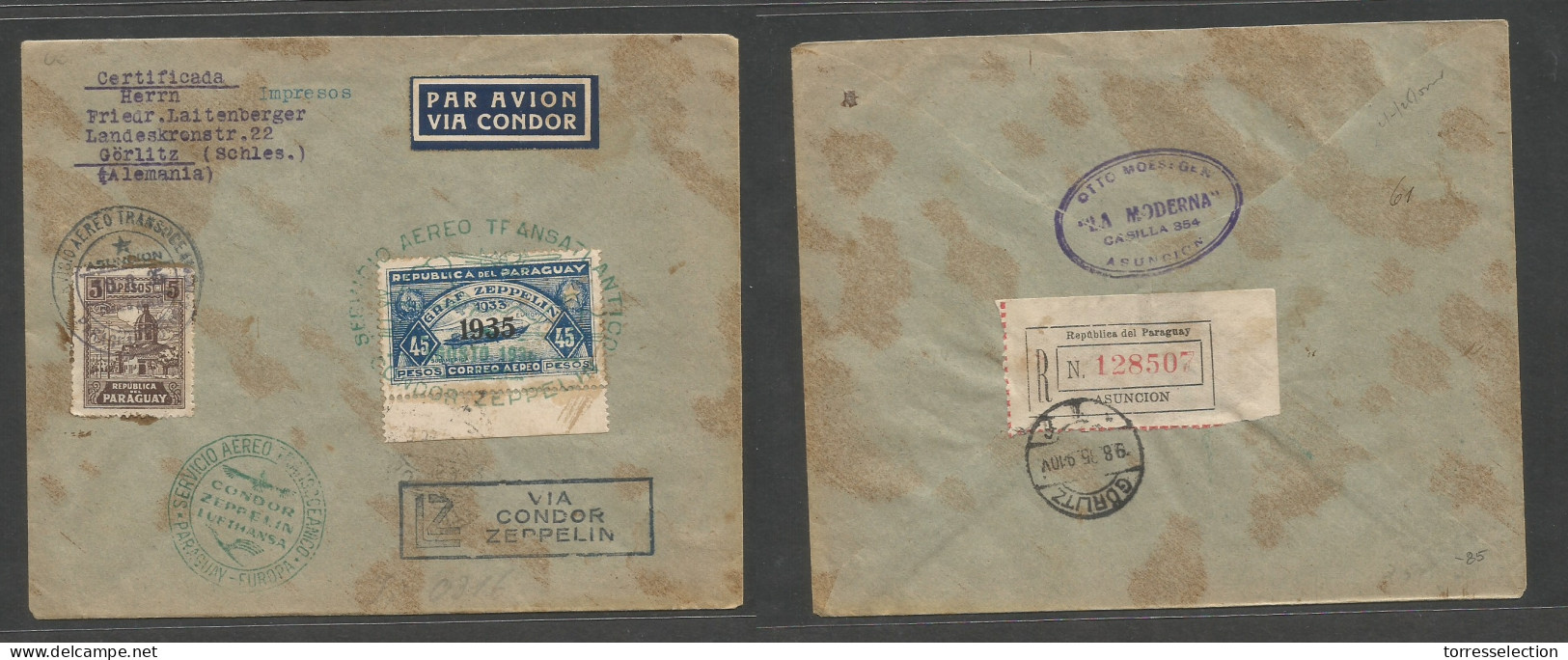 PARAGUAY. 1935 (1 Aug) Asuncion - Germany, Gorlitz (9 Aug) Registered Pm Multifkd Env. Via Condor Zeppelin With Special  - Paraguay