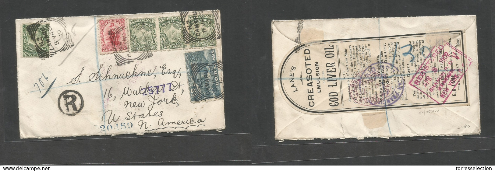 NEW ZEALAND. 1910 (8 VR = March) Damaru - USA, NY (Apr 8) Via San Francisco. Registered Multifkd Envelope. VF Usage + Ti - Autres & Non Classés
