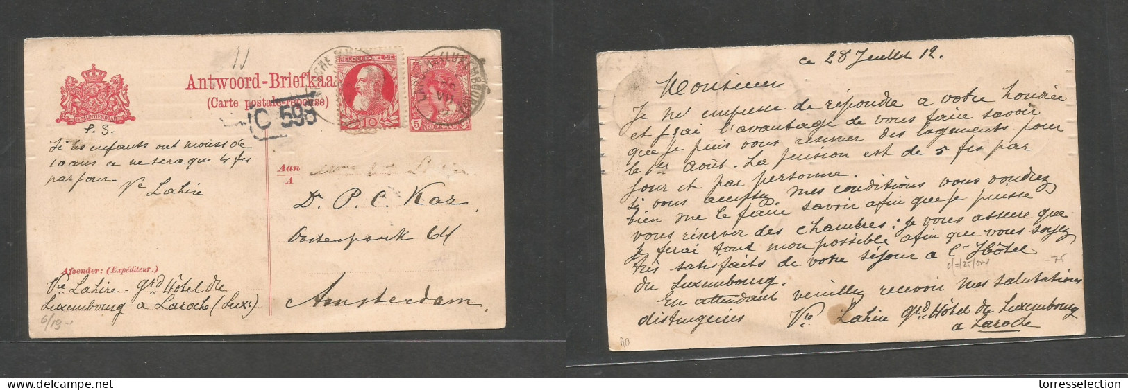 NETHERLANDS - Stationary. 1912 (28 July) Reply Half 5c Red Stat Card Proper Usage. Belgium, Laroche - Amsterdam. Used In - Autres & Non Classés