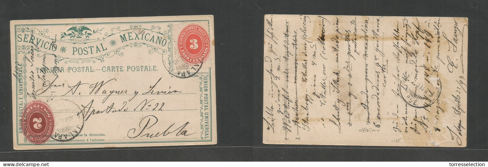 MEXICO - Stationery. 1893 (22 Aug) Jalapa - Puebla. SPM 3c Vermelion Large Numeral Stat Card + 3c Red Adtl Inverted Prin - Mexique