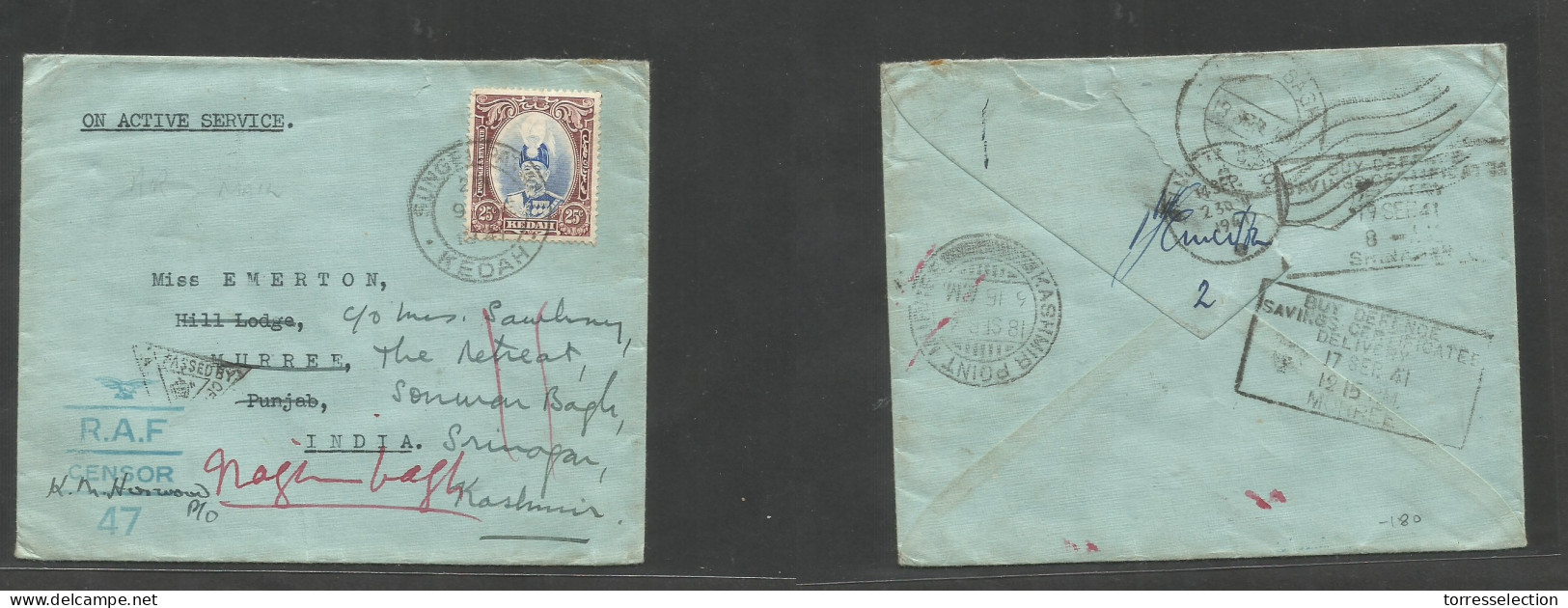 MALAYSIA. 1941 (9 Sept) Kedah. Sungel Patani - India, Punjab, Fwded Srinagar (17-18 Sept) OAS Single 25c Fkd Env, Tied C - Malaysia (1964-...)