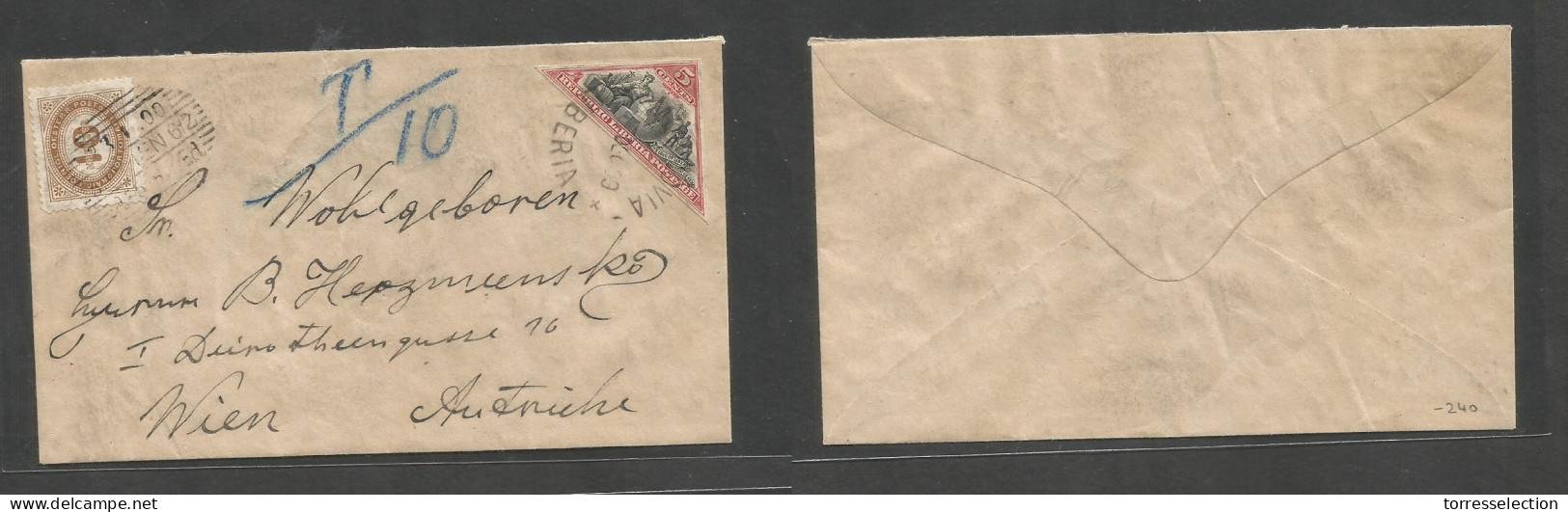 LIBERIA. 1899 (Dec 19) Monrovia - Austria, Wien, Where Taxed (23 Jan 00) Fkd 5c Red Imperf Fkd Envelope, Tied Cds + T/10 - Liberia