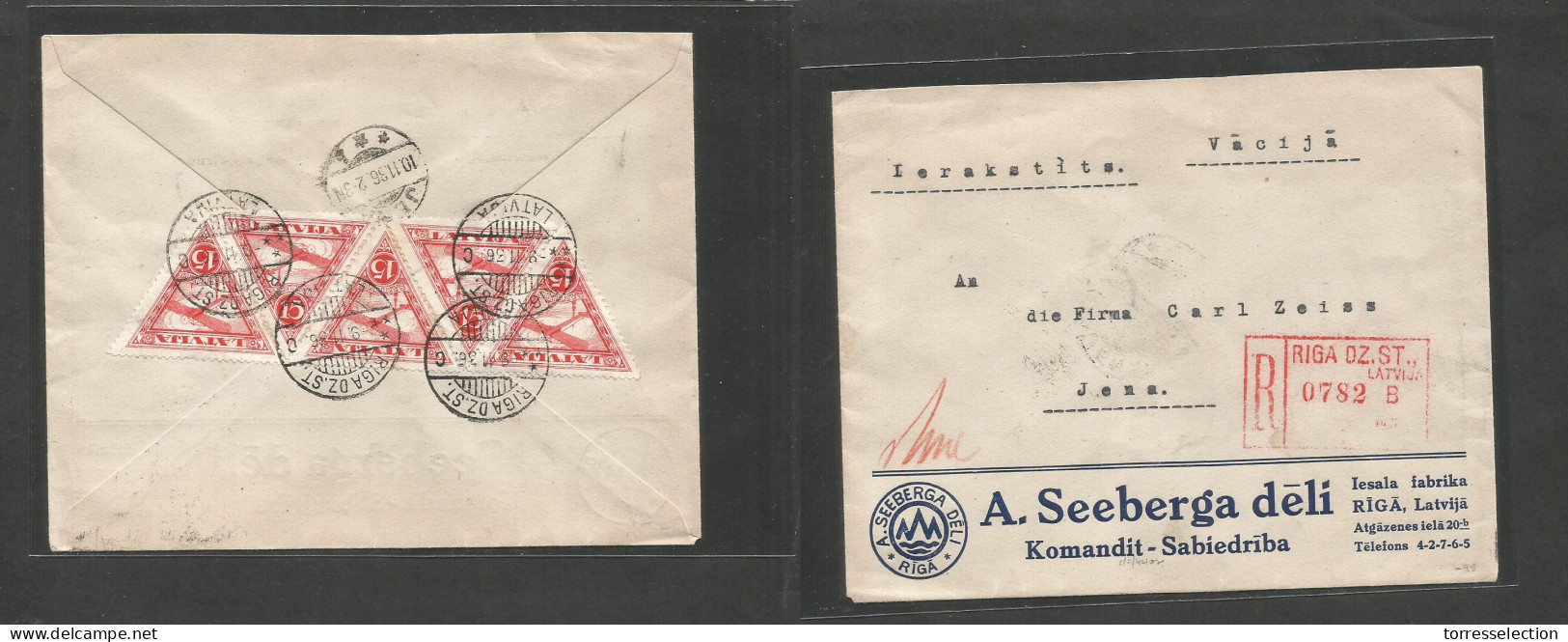 LATVIA. 1936 (9 Nov) Riga Dz St - Germany, Jena (10 Nov) Registered Comercial Reverse Multifkd Triangular Air Issue Enve - Lettonie