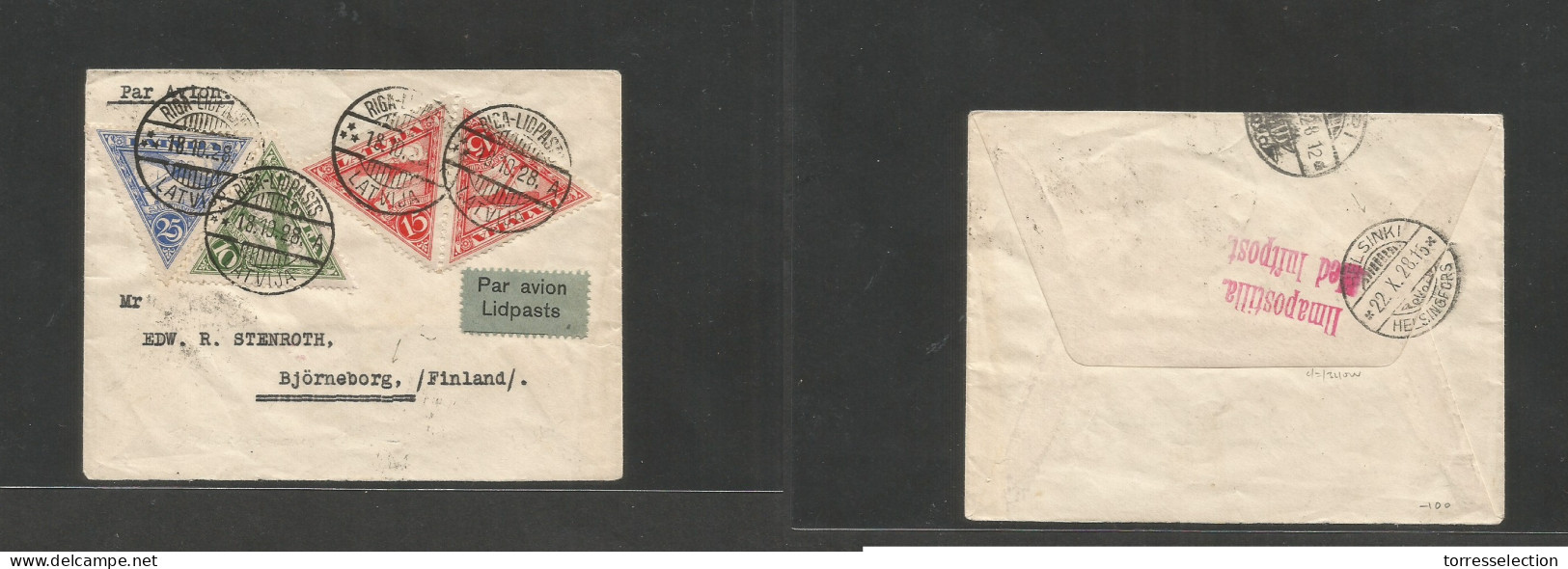 LATVIA. 1928 (18 Oct) Riga Lid Pasts - Finland, Bjorneborg (22 Oct) Air Multifkd Envelope Triangular Issue, Tied Cds + R - Lettonie