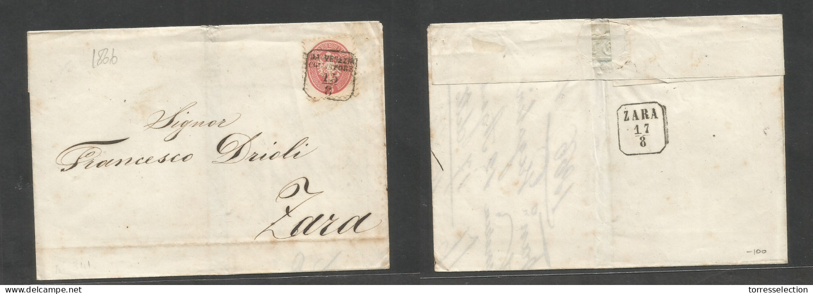 ITALY Lombardy - Venetia. 1866 (12 Aug) Venezia - Zara, Croatia (17 Aug) E Fkd 5 Soldi Rose Perf, Tied Box "Da Venezia C - Non Classés