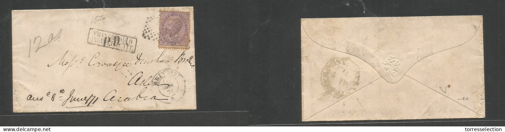 ITALY. 1871 (18 March) Brindisi - ADEN, South Arabia. Red Sea Post (Apr 2) Fkd Env 60c Lilac, Tied Dots + "insuf" Cachet - Non Classés