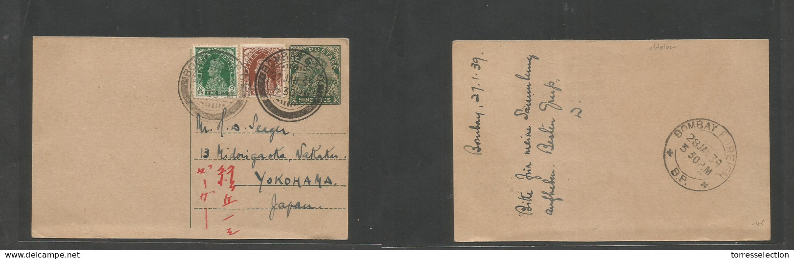 INDIA. 1939 (27 Jan) Bombay - Japan, Yokohama. 9p Green + 2 Adtls Stat Card, Tied Cds + Mns Japanese Arrival Details. XF - Autres & Non Classés