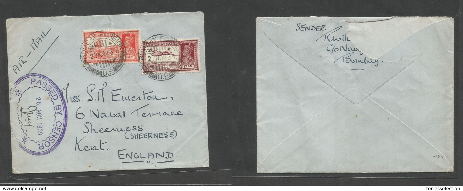 INDIA. 1939 (26-27 Nov) Naval Office Mail. Bombay - England, Kent, Sheeness. Air Multifkd Envelope, Special Oval Naval C - Autres & Non Classés