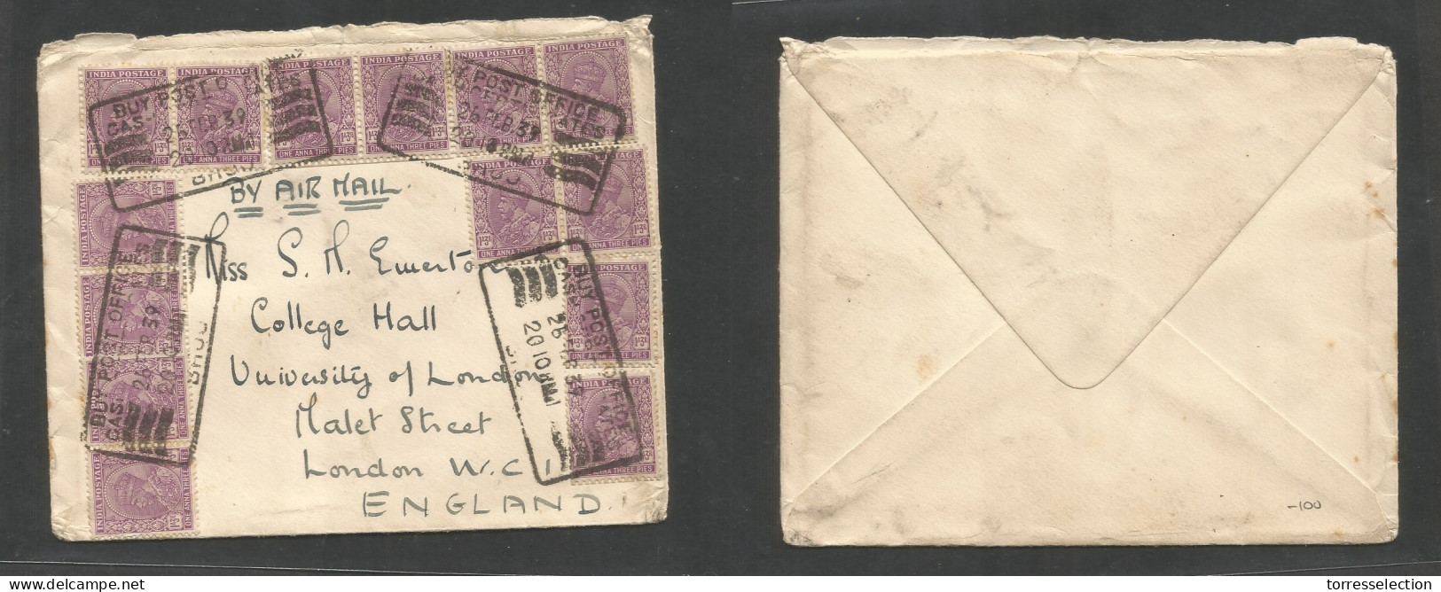 INDIA. 1939 (26 Febr) BHOU GPO - England, London. Multifkd 1a 3r Lilac (x16) Air Envelope Tied Slogan Cash Certificates  - Autres & Non Classés