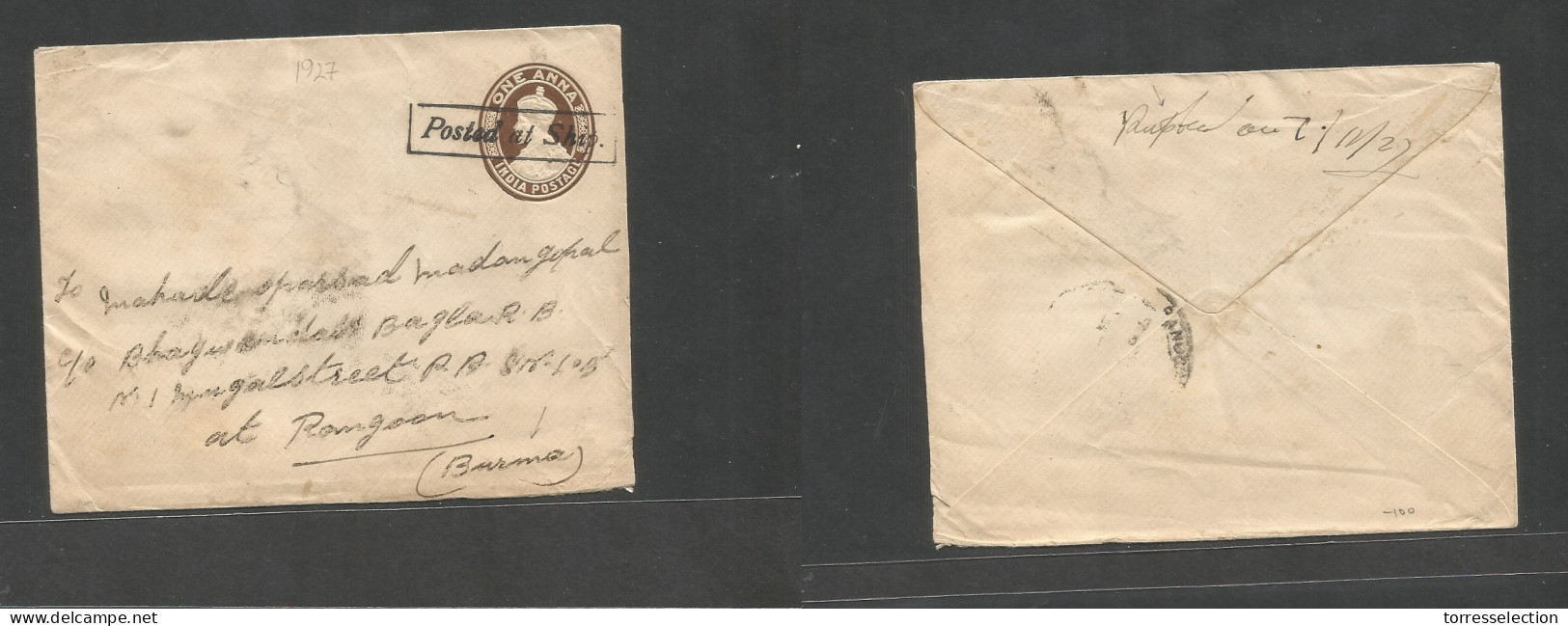 INDIA. 1927 (7 Dec) Used In Burma, Yanpour - Rangoon. 1a Brown Stat Env, Boxed "Posted At Ship" (xxx) VF Pqbt Cancel. Ni - Other & Unclassified