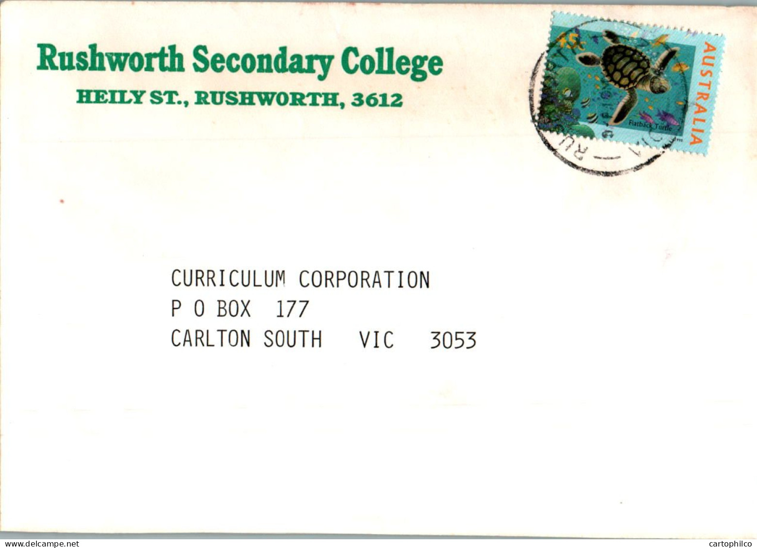 Australia Cover Turtle Rushworth Secondary College To Carlton - Cartas & Documentos