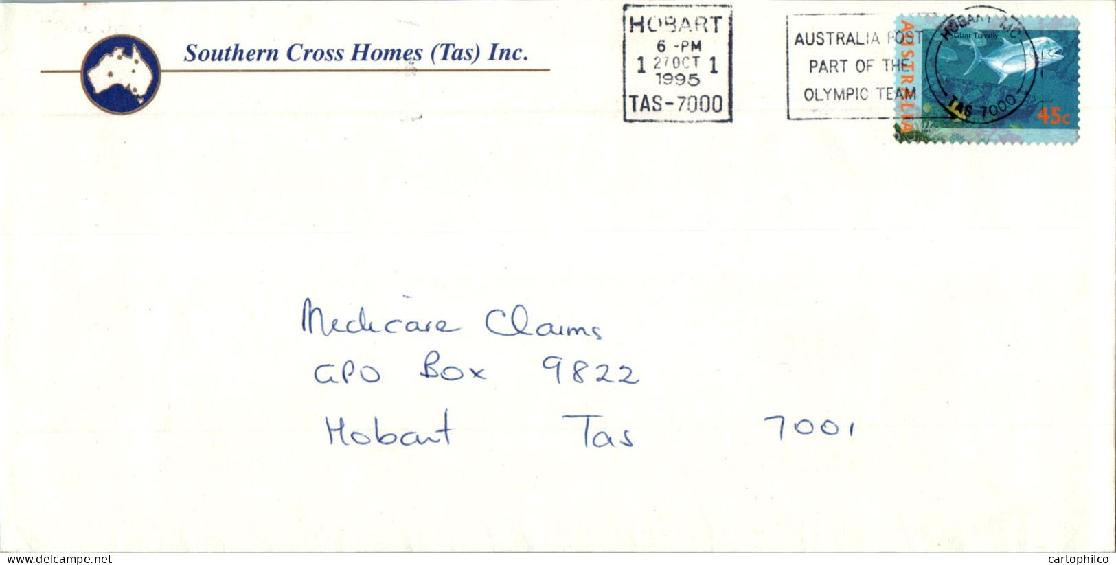 Australia Cover Fish Southern Cross Homes To Hobart - Lettres & Documents