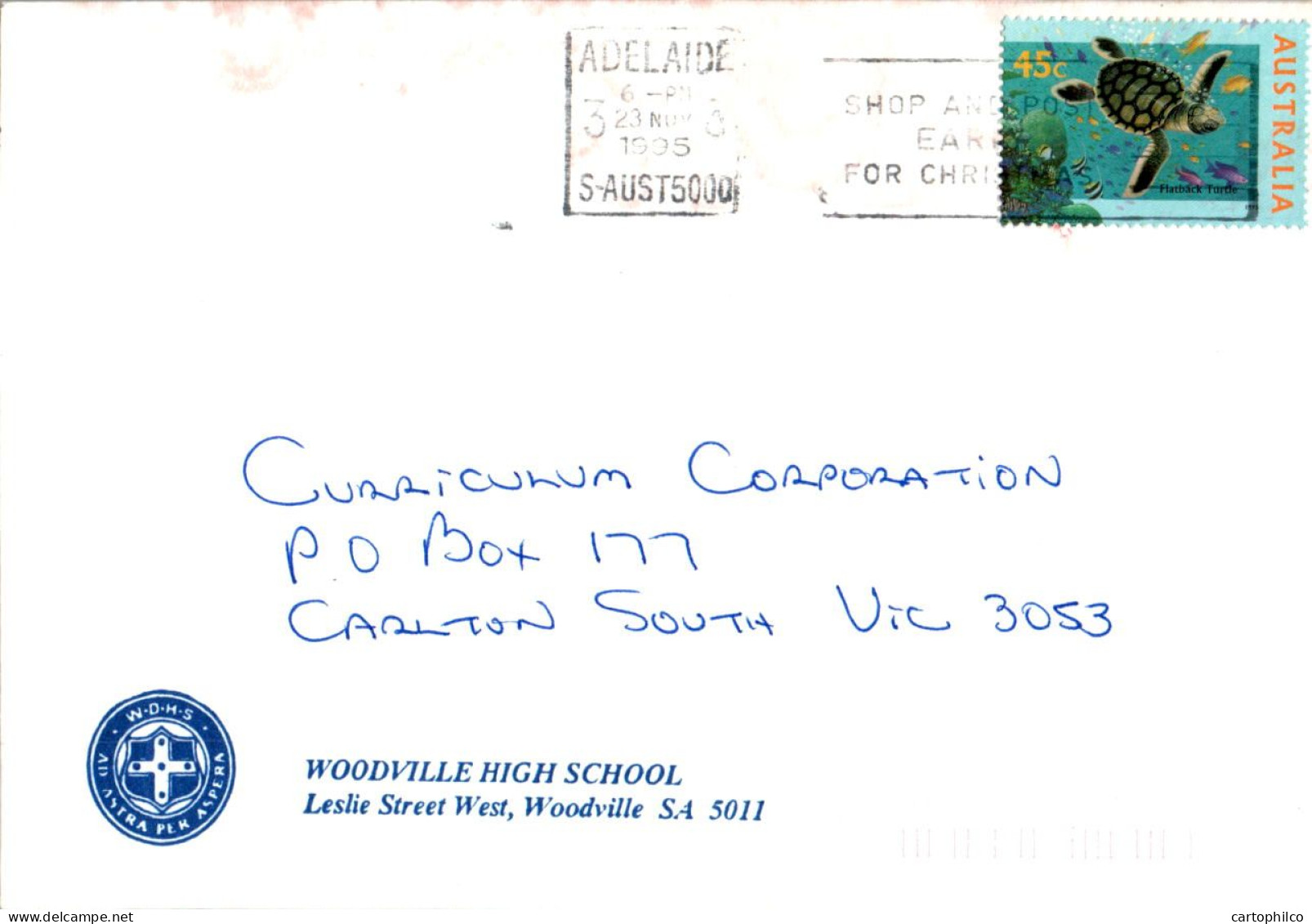 Australia Cover Turtle Woodville High School To Carlton - Lettres & Documents