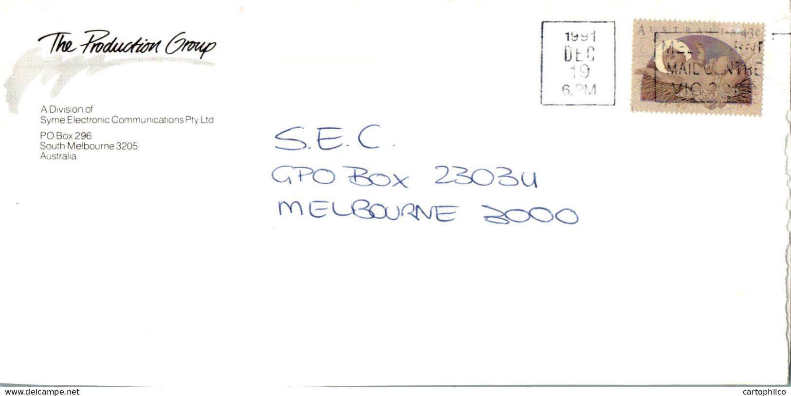 Australia Cover Angel The Production Group Syme Electronic  To Melbourne - Covers & Documents