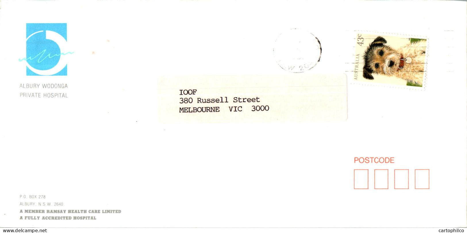 Australia Cover Dog Albury Wodonga Private Hospital  To Melbourne - Lettres & Documents