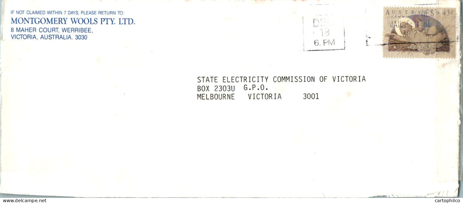 Australia Cover Angel Montgomery Wools  To Melbourne - Lettres & Documents