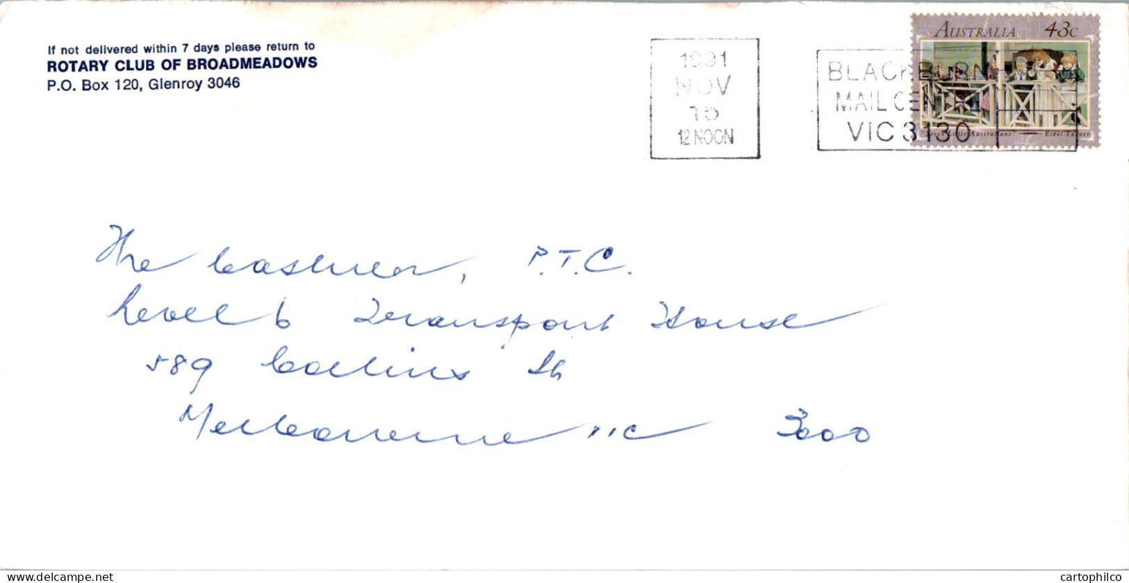 Australia Cover Angel Rotary Club Of Broadmeadows To  To Melbourne - Lettres & Documents