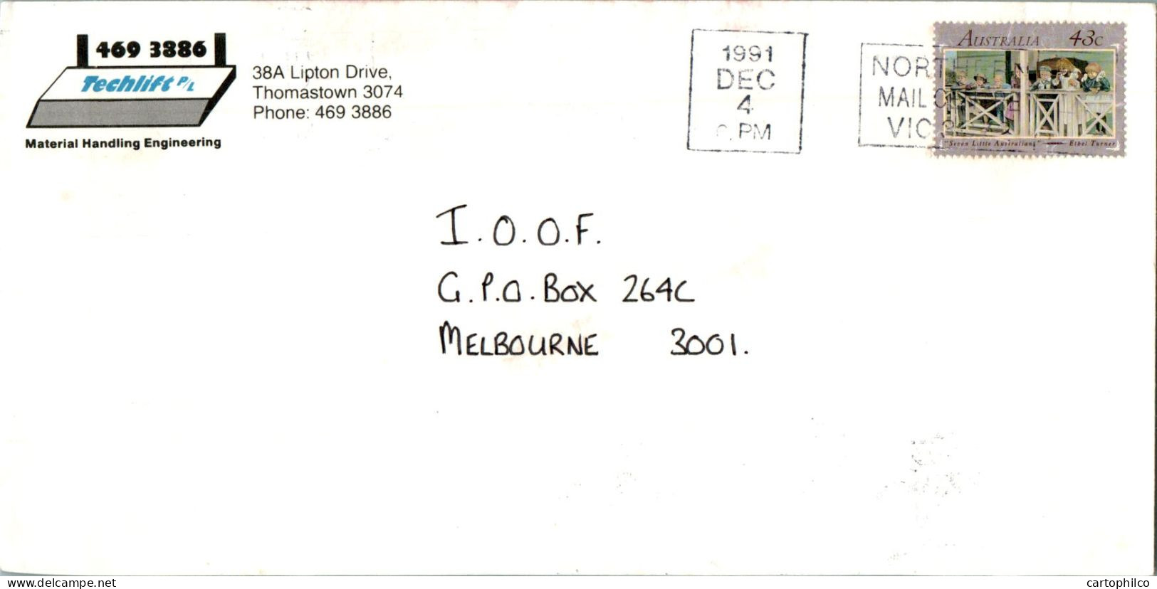 Australia Cover Turner Techlift  To Melbourne - Lettres & Documents