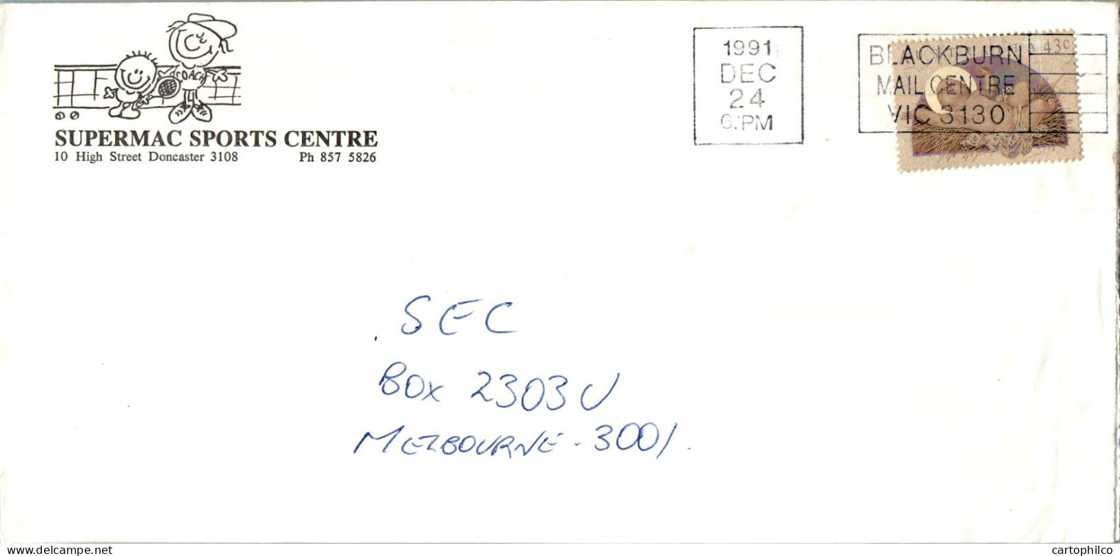 Australia Cover Angel Supermac Sports Centre To Melbourne Tennis - Lettres & Documents