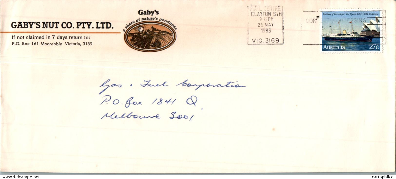 'Australia Cover HMY Britannia Gaby''s Nut Co To Melbourne' - Lettres & Documents