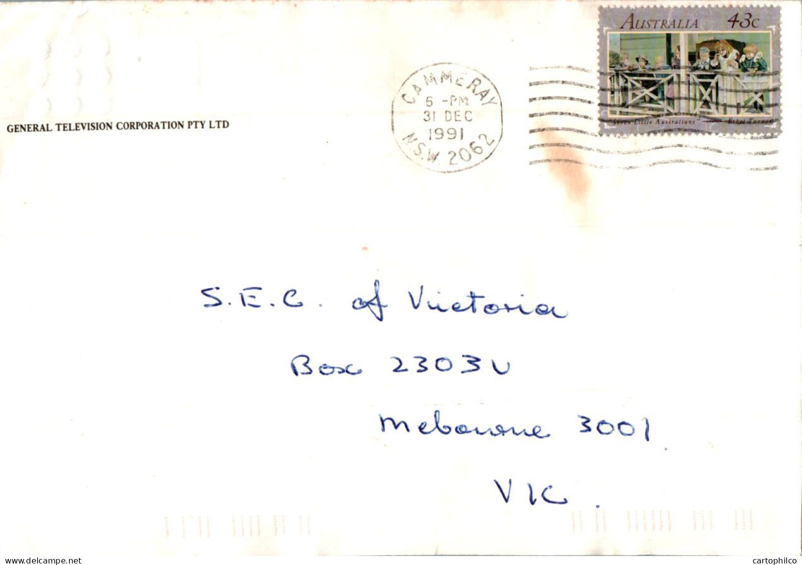 Australia Cover Angel General Television Corporation  To Melbourne - Lettres & Documents