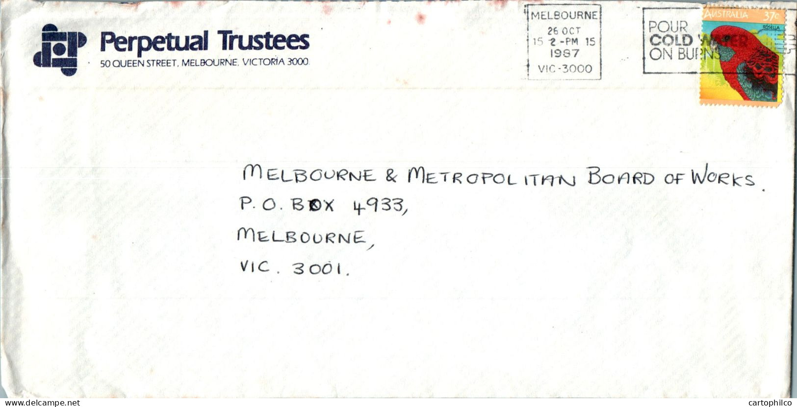 Australia Cover Rosella Parto Perpetual Trustees  To Melbourne - Lettres & Documents