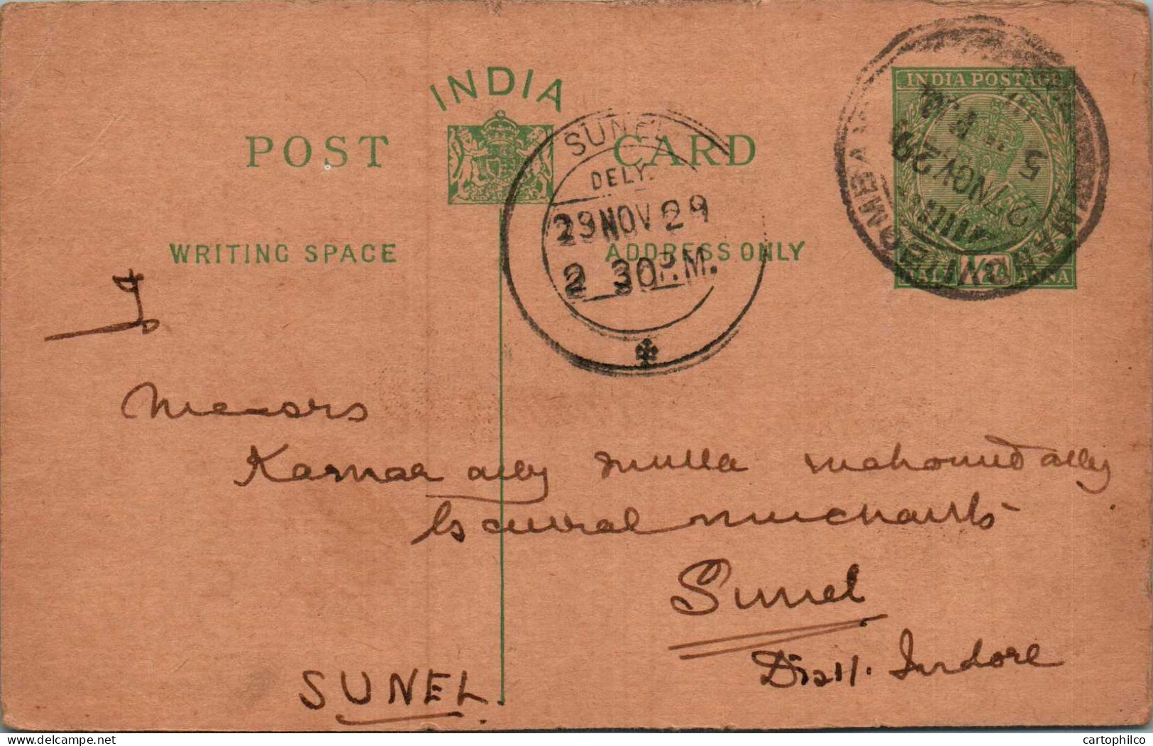 India Postal Stationery George V 1/2A Sunel Cds - Cartes Postales