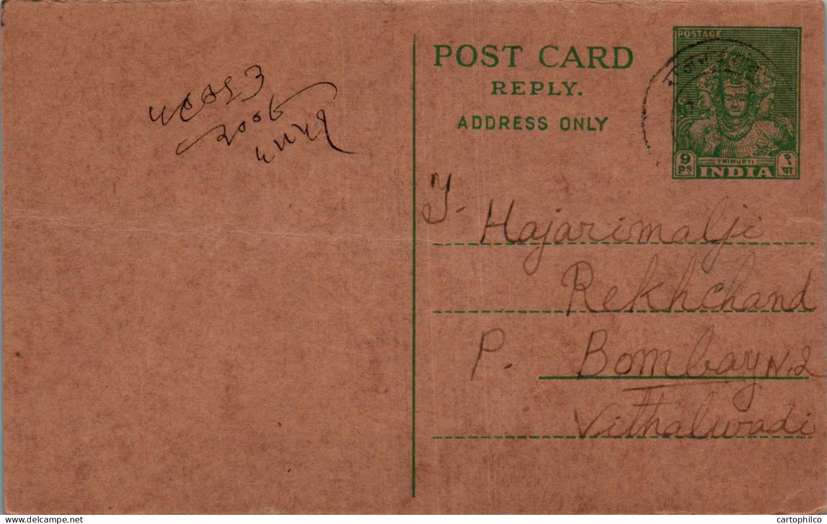 India Postal Stationery 9p To Bombay - Cartes Postales