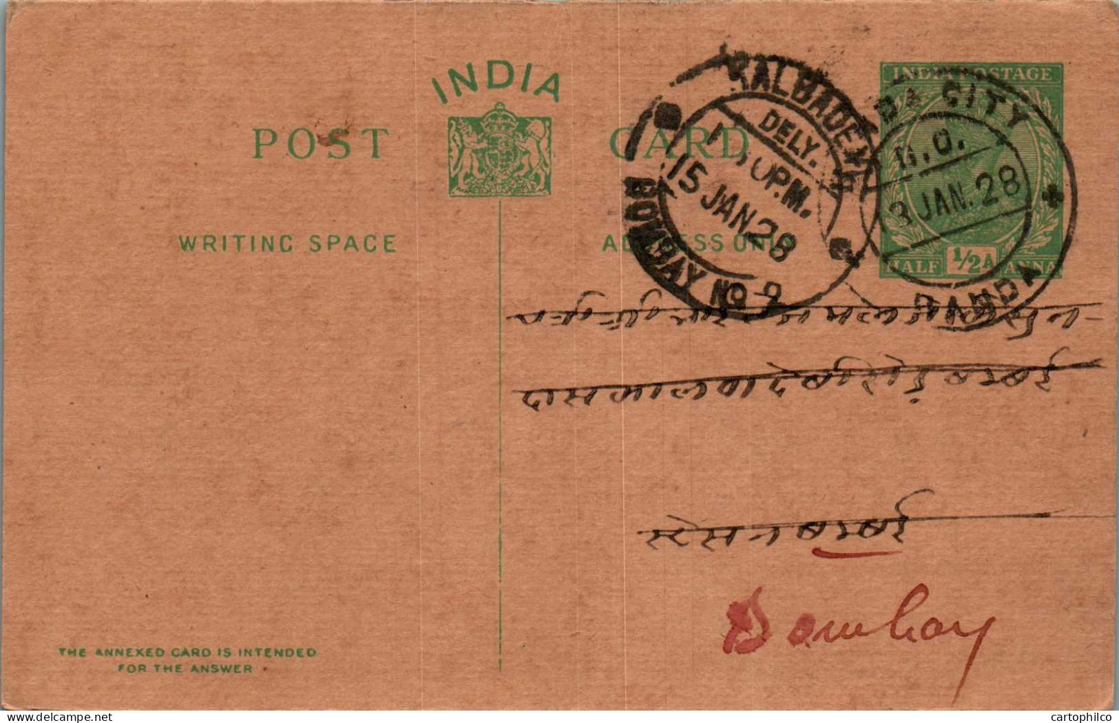 India Postal Stationery 1/2A George V Kalbadevi Bombay Cds - Cartes Postales