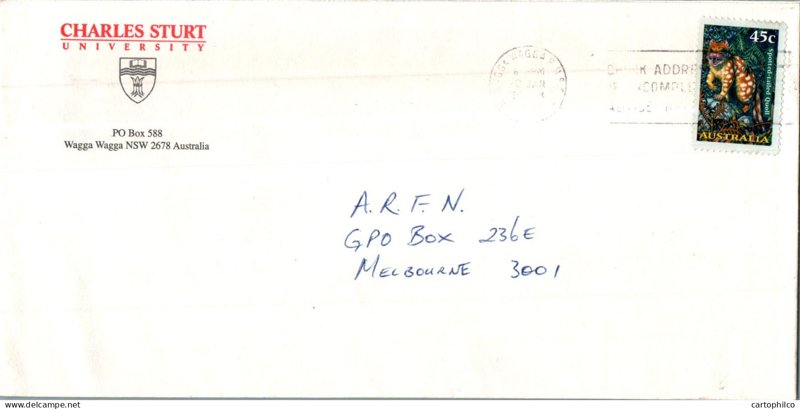 Australia Cover Quoll Charles Sturt University  To Melbourne - Lettres & Documents