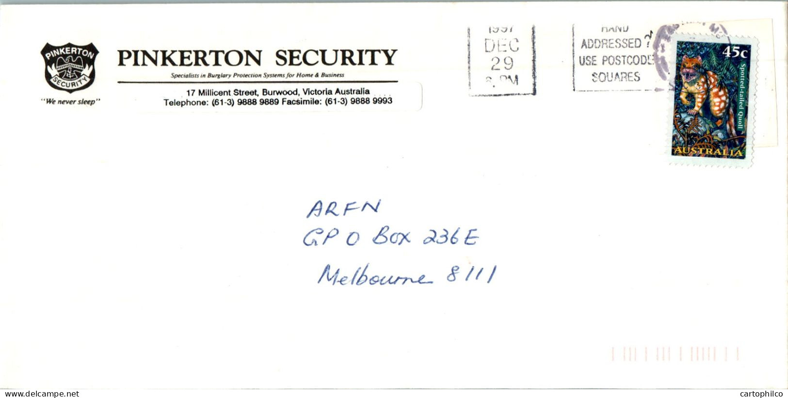 Australia Cover Quoll Pinkerton Security  To Melbourne - Lettres & Documents