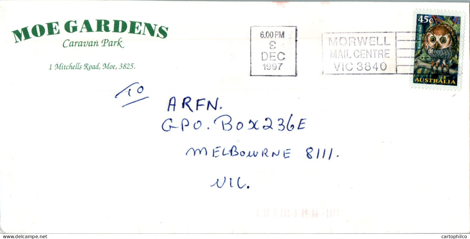 Australia Cover Owl Moe Gardens Caravan Park  To Melbourne - Lettres & Documents