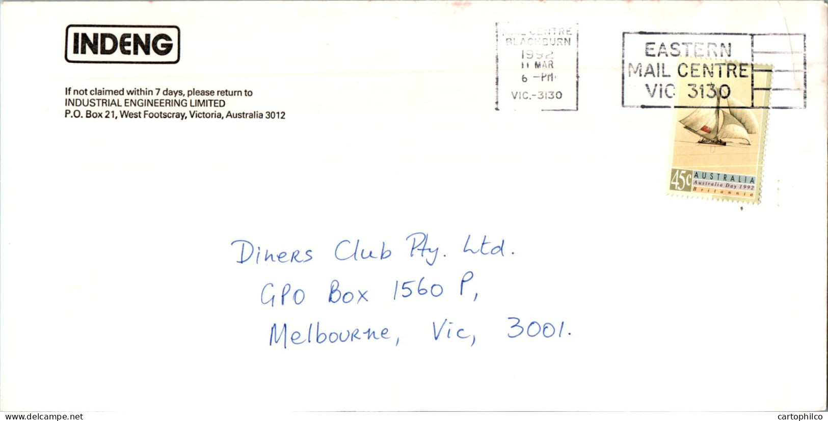 Australia Cover Britannia Boat Indeng  To Melbourne - Lettres & Documents