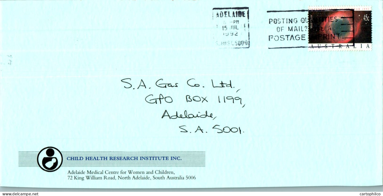 Australia Cover Nebula Cosmos Child Health Research Insitute To Adelaide - Lettres & Documents