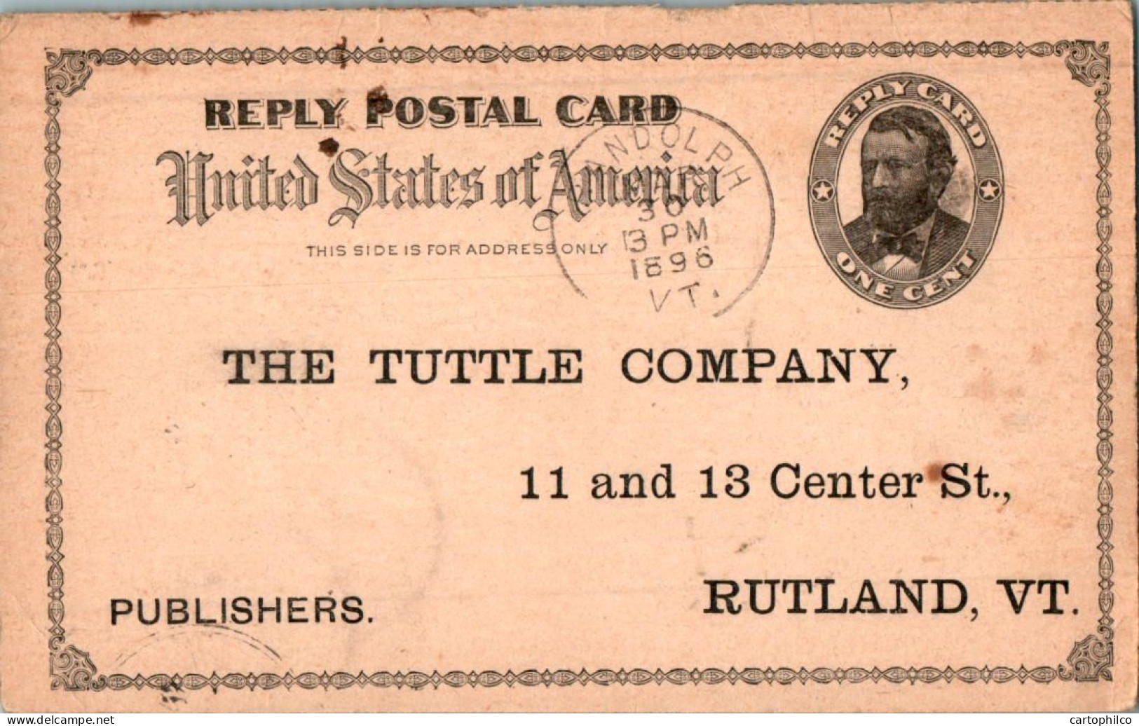 US Postal Stationery 1c Randolph VT To Tuttle Rutland VT 1896 - ...-1900